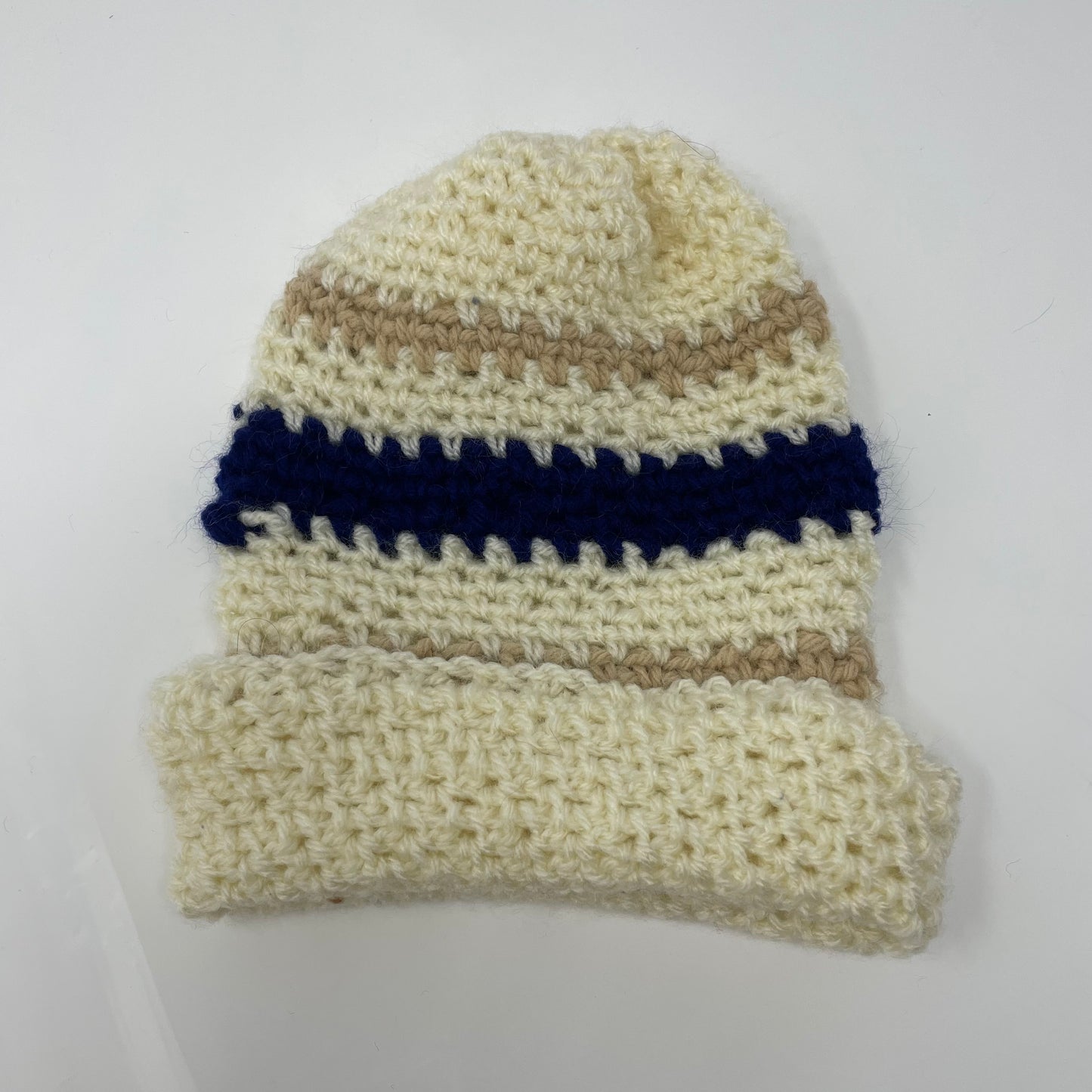 Crochet Winter Hat Beanie: Cream & Royal Blue Handmade 13 in