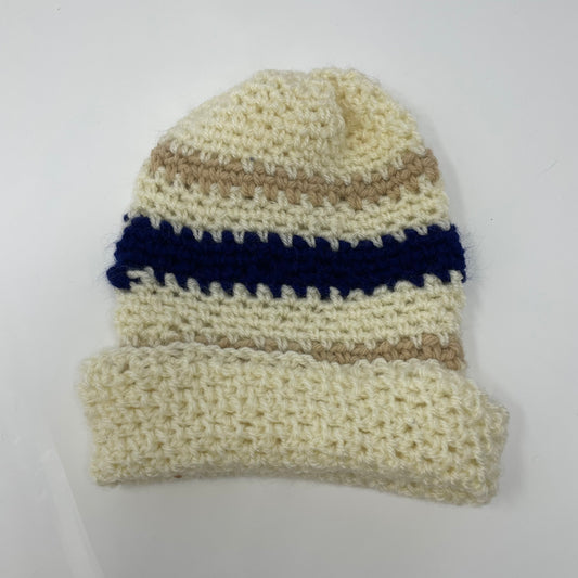 Crochet Winter Hat Beanie: Cream & Royal Blue Handmade 13 in
