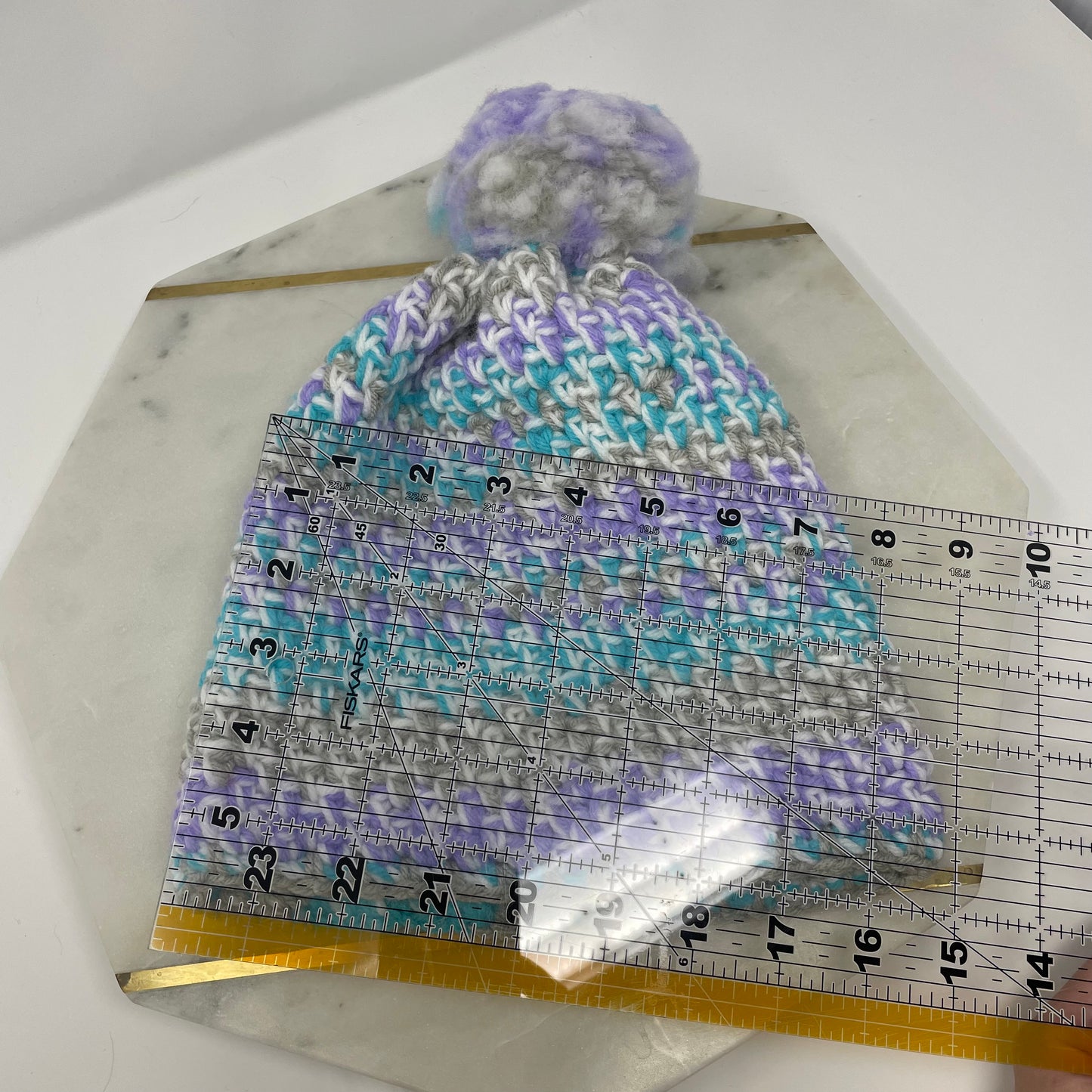 Crochet Winter Hat Beanie with Pompom: Purple, Blue, Grey & White Handmade 18 in