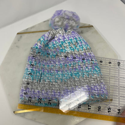 Crochet Winter Hat Beanie with Pompom: Purple, Blue, Grey & White Handmade 18 in